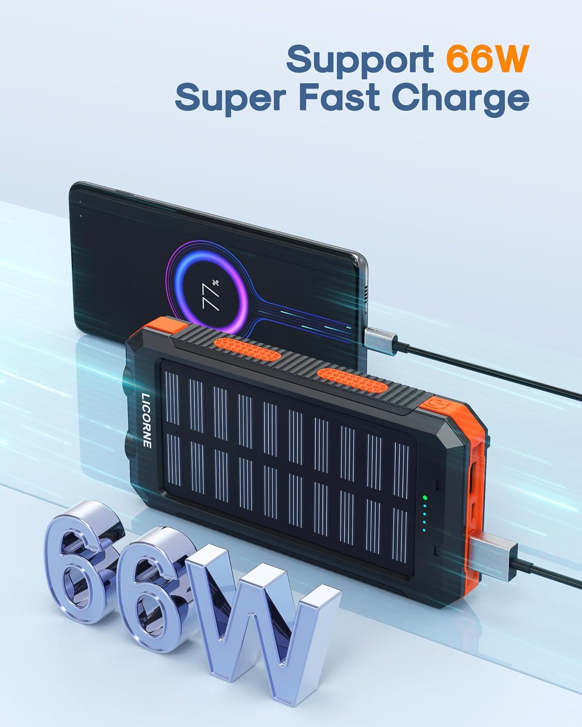30000mAh Solar Power Bank - Fast Charging Portable Battery Pack with QC3.0 Dual USB Ports for All Devices (Orange)