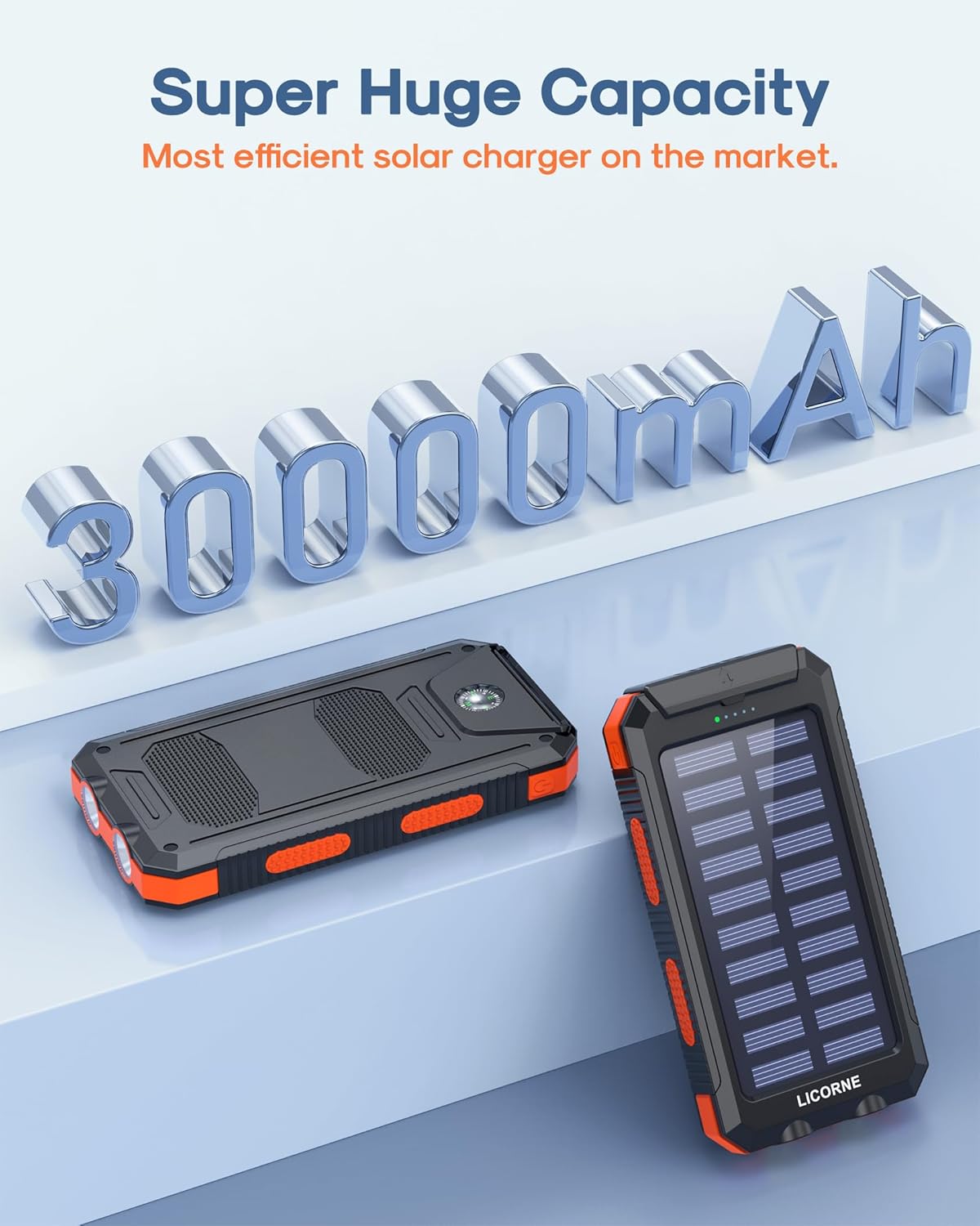 30000mAh Solar Power Bank - Fast Charging Portable Battery Pack with QC3.0 Dual USB Ports for All Devices (Orange)